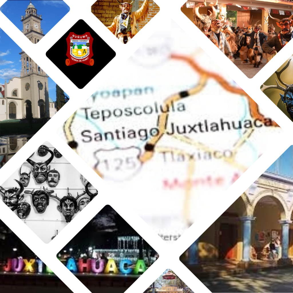 Conjunto de imágenes alusivas a Santiago Juxtlahuaca como el letrero de Pueblo Mágico, el escudo, pobladores bailando, máscaras de demonios con cuernos, construcciones diversas.