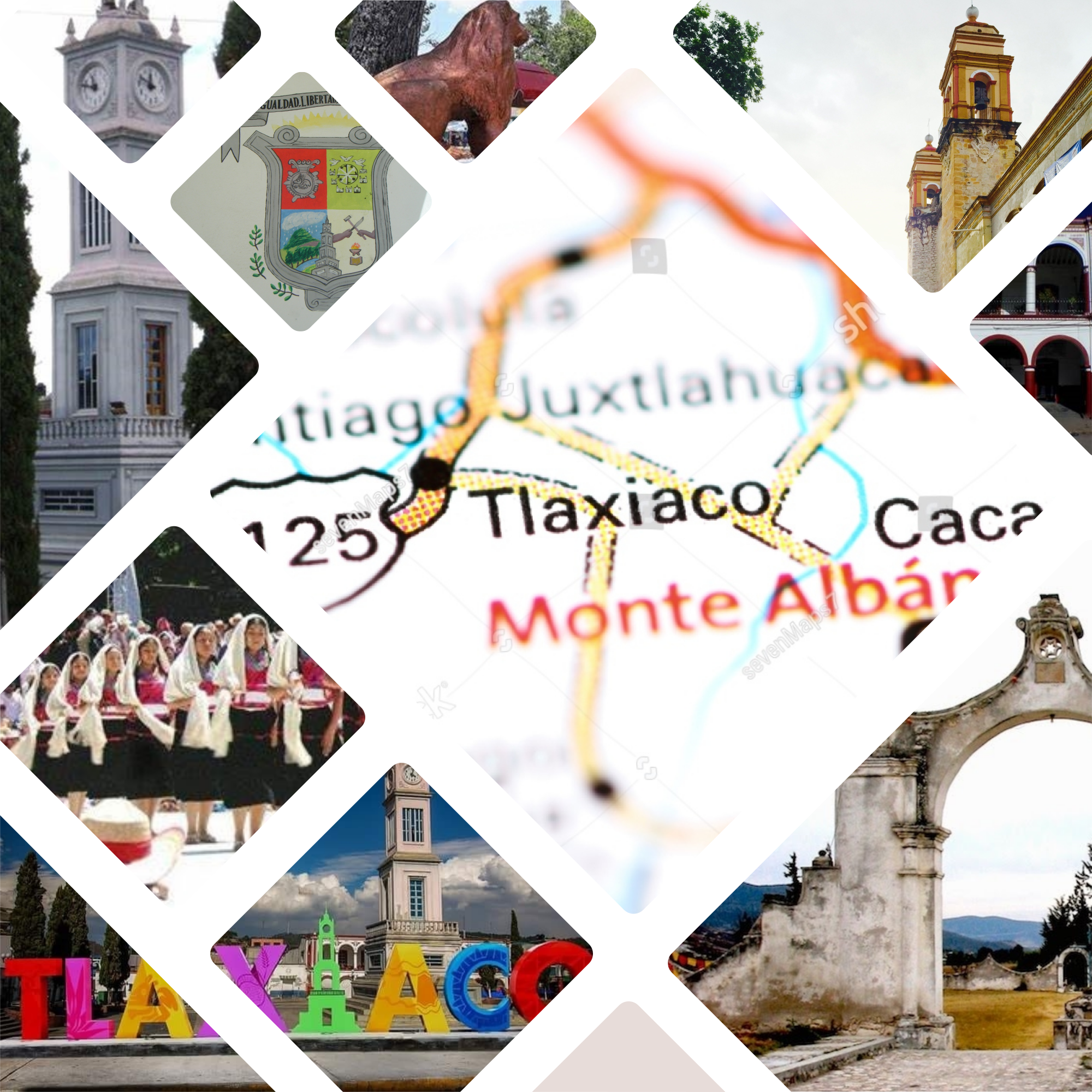 Conjunto de imágenes alusivas a Tlaxiaco como el letrero de Pueblo Mágico, el escudo, pobladores, construcciones diversas.